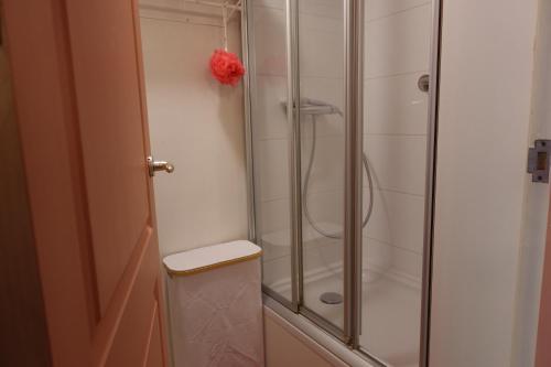 a bathroom with a shower and a toilet in it at Exceptional B&B in Reeuwijk