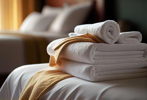 a pile of towels sitting on top of a bed at Garigal Studio 1br Unit with Pool Access and EV Station in Forestville