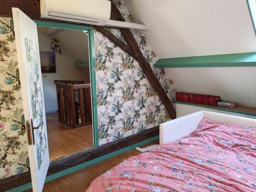 a bedroom with a bed and a mirror at Une chambre en Amazonie in Le Menoux