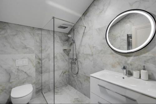 a bathroom with a shower and a sink and a mirror at Kotedžas su baseinu ir pirtimi in Palanga