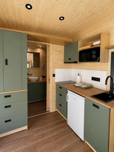 a kitchen with green cabinets and a wooden ceiling at Tiny House Luc in Prato Carnico