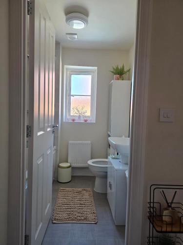 a bathroom with a toilet and a sink and a window at Hampton Water Rooms Peterborough in Peterborough