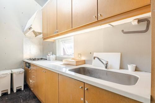 a kitchen with a stainless steel sink and a window at Moon Base Tokyo Inn in Tokyo
