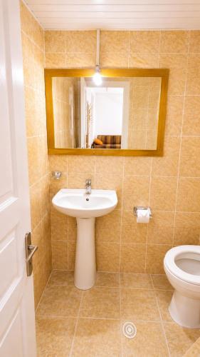 a bathroom with a sink and a toilet and a mirror at Tuz House R3 in Bakuriani