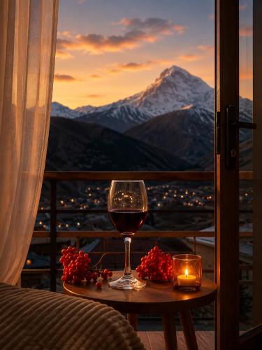 a glass of wine on a table with a view of a mountain at Relax Kazbegi Panoramic Mountain View in Kazbegi