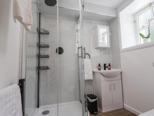 a bathroom with a shower and a sink at Station Lodge in Forres