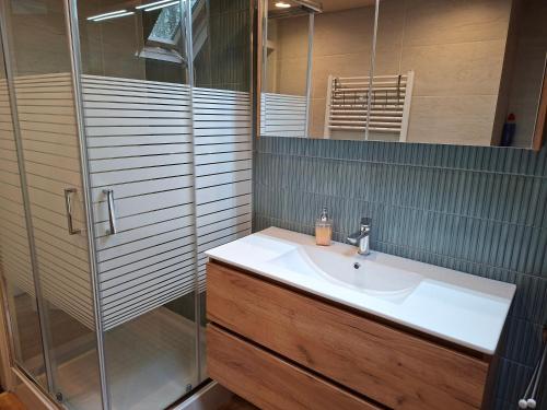 a bathroom with a sink and a shower at Butterflies, bungalow 134 in Simpelveld