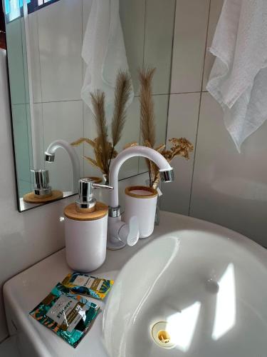 a bathroom sink with a faucet and plants on it at Casa Flora & Mar in Pipa