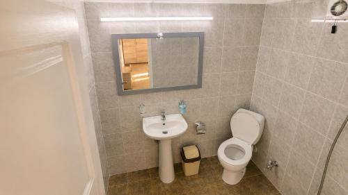 a bathroom with a toilet and a sink and a mirror at Tuz House R7 in Bakuriani
