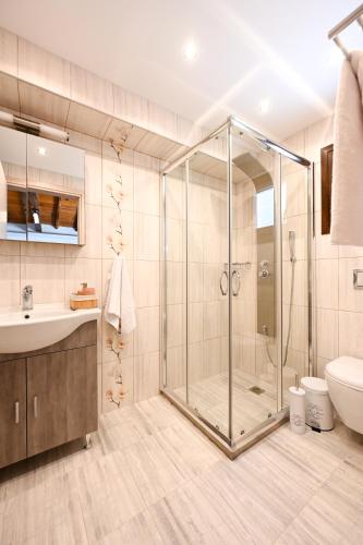a bathroom with a shower and a toilet and a sink at Villa Emerald Diamond in Kolios