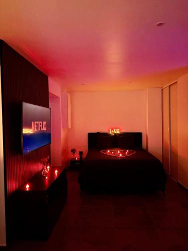 a bedroom with a bed with red lights and a tv at Rochetaillée Secret Spa in Saint-Étienne