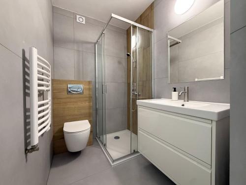 a bathroom with a toilet and a sink and a shower at Chatka Morska 3 in Karwia