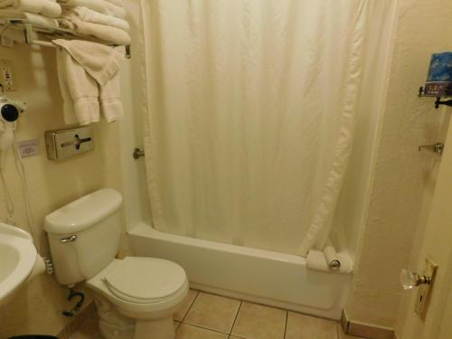 a white bathroom with a toilet and a shower at Capitola Venetian Vacation Rentals in Capitola