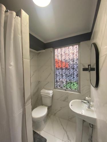 a bathroom with a toilet and a sink and a window at Amoblados Copiapo in Copiapó