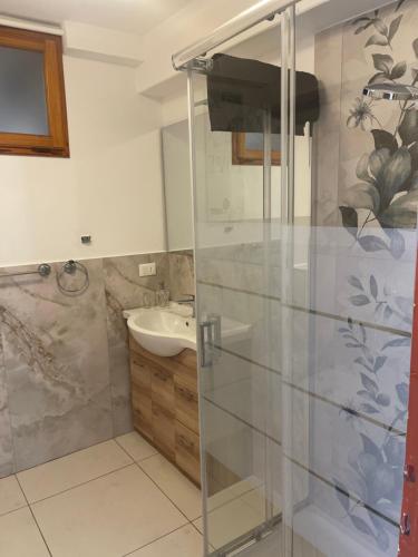 a bathroom with a glass shower and a sink at Casa dolce casa in Gorfigliano