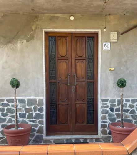 a wooden door on a building with two potted plants at Casa dolce casa in Gorfigliano