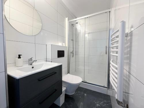 a bathroom with a sink and a toilet and a mirror at Chatka Morska 3 in Karwia