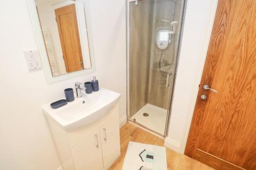 a bathroom with a sink and a shower at Gews Farm Lodge in Penzance