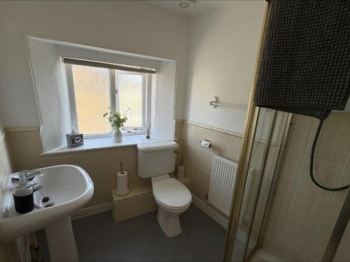 a bathroom with a toilet and a sink and a window at The Swan Hotel in Kington