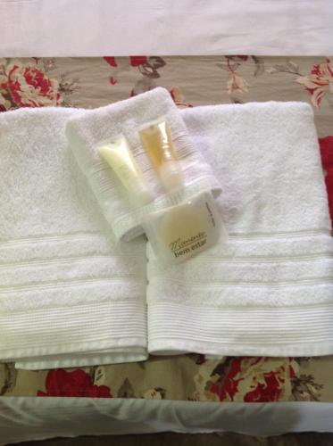 アグアス・デ・リンドイアにあるVista da Serra Pousada de Águasのベッドの上にタオル2枚と石鹸1本