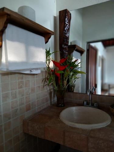a bathroom sink with a vase with a red flower at PETIT PARADIS CABAÑA Catemaco Rainforest Nature in Catemaco