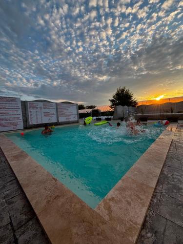 a group of people in a swimming pool at sunset at Complexul Profestur in Valea Dragului