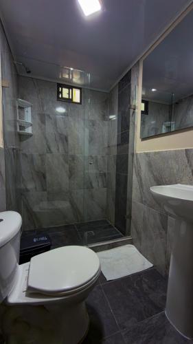 a bathroom with a shower and a toilet and a sink at Hotel Nakama in Medellín