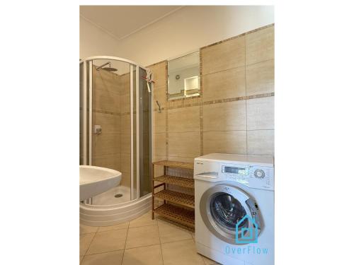 a washing machine in a bathroom with a sink at NaWypasie Grand Apartment with Fireplace Beautiful Garden SUP Board and Just 30 Minutes from Gdańsk and Gdynia in Szemud