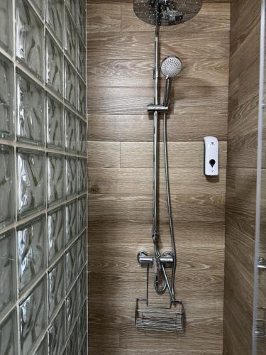 a shower in a bathroom with a stone wall at Patio de Los Barberos 3 in Valle de Abdalagís