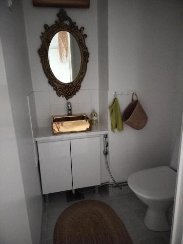a bathroom with a sink and a toilet and a mirror at Gran Palmu in Pori