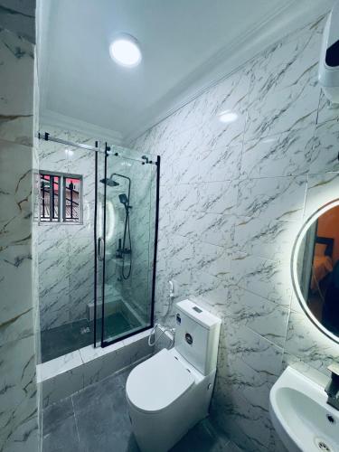 a bathroom with a shower and a toilet and a sink at Seyi Homes in Hausa