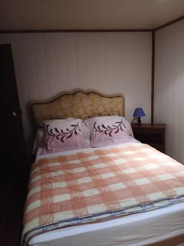 a bed with a checkered blanket and a lamp on a table at gite du coin in Cunlhat