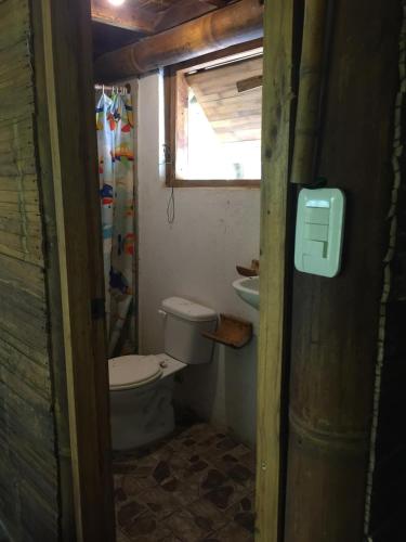 a small bathroom with a toilet and a window at Renacer de Gaia 888 in Mompiche