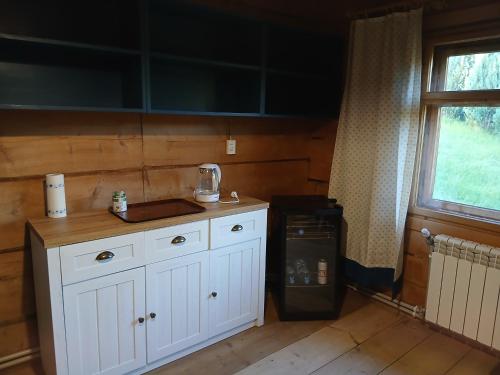 a kitchen with white cabinets and a blender on a counter at Bauernhaus in Dzianisz