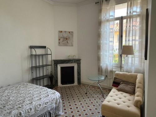 a living room with a chair and a fireplace at Cosy studio au centre ville in Perpignan
