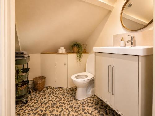 a bathroom with a toilet and a sink and a mirror at La haute république in Brive-la-Gaillarde