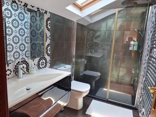 a bathroom with a toilet and a shower and a sink at Casita relax Amariz Loureiro in Oya