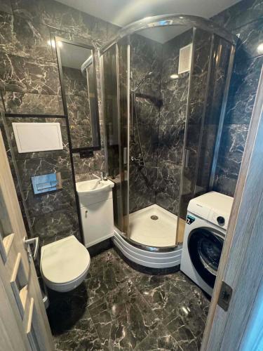 a bathroom with a shower and a toilet and a sink at 3 apartamentai in Naujoji Akmenė