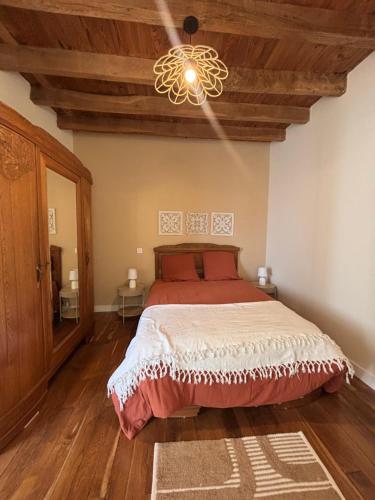a bedroom with a bed and a chandelier at Gîte de Fumouse in Le Mayet-de-Montagne
