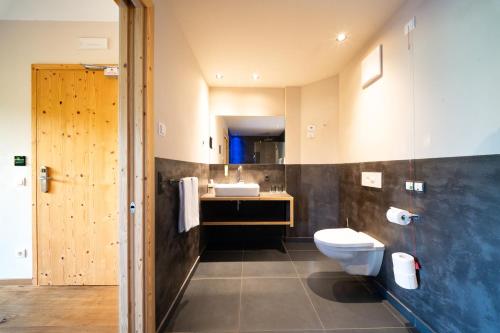 a bathroom with a toilet and a sink at Sonus Alpis - Adults Only in Castelrotto