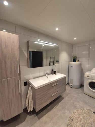 a bathroom with a sink and a large mirror at Senja Laukhella in Senja