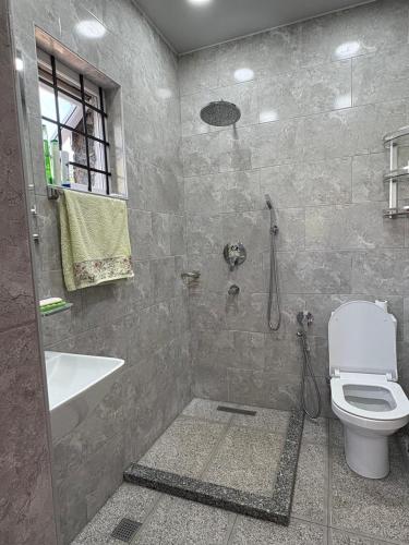 a bathroom with a shower with a toilet and a sink at Dream House in Batumi