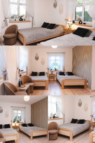 four different pictures of a bedroom with two beds at Dom na Mazurach nad jeziorem Białym Zakątek Zacisze in Langendorf