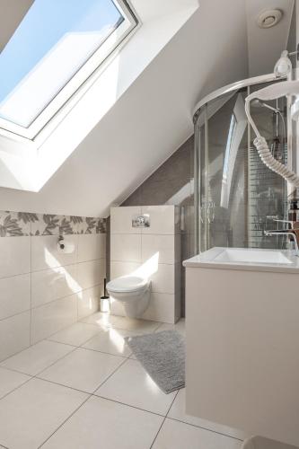 a bathroom with a toilet and a skylight at Pokoje Oaza Spokoju in Nowęcin