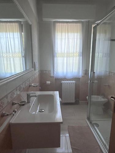 a bathroom with a sink and a mirror and a shower at Appartamento Ares in Misano Adriatico