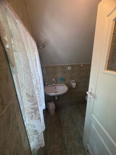 a bathroom with a sink and a shower curtain at Domek u Moni Kaszuby in Sulęczyno
