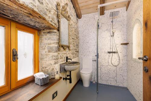 a bathroom with a sink and a toilet and a shower at Krasna Hiška - Authentic Heritage Home in Sežana