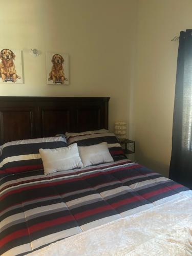 a bed in a bedroom with two dogs on the wall at Pleasant 1 bed room in Discovery Bay
