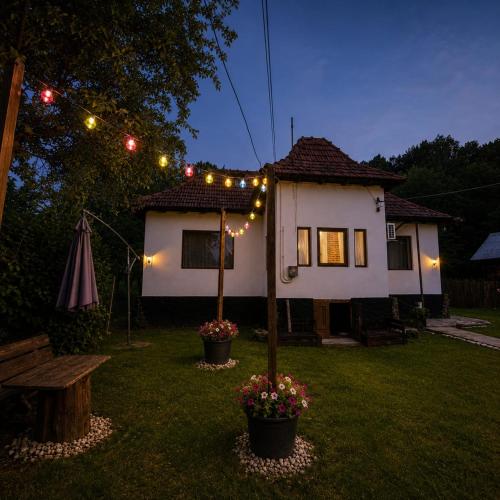 a house with lights and a bench in the yard at Casa de vacanta La Tataie in Plaiu