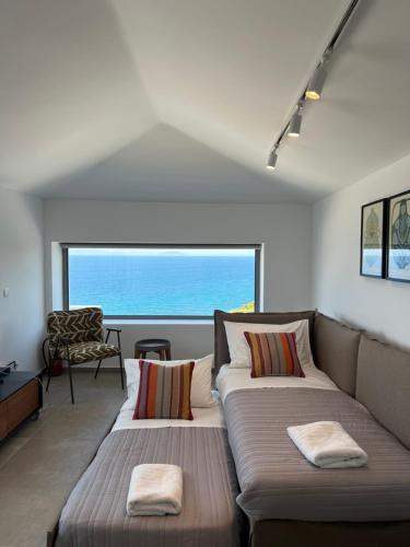two beds in a living room with a large window at Villa Thymari in Xiropigado